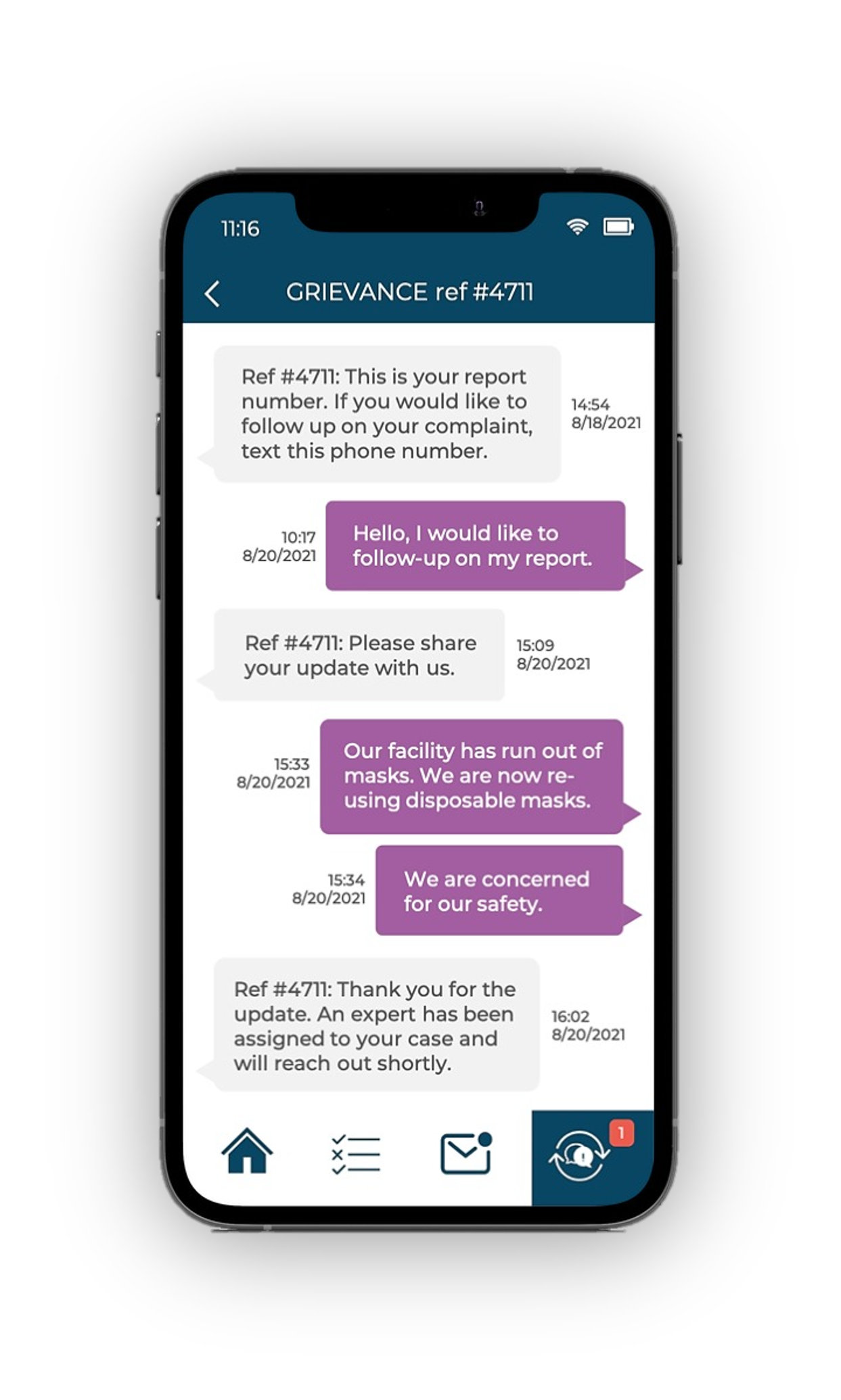 Smartphone screen showing two-way chat exchange relating to a grievance submitted via the Ulula OWL app