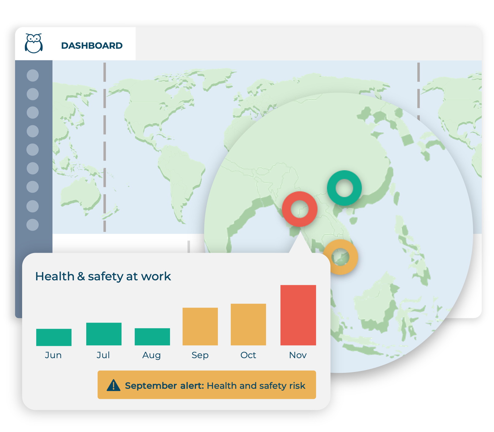 Ulula dashboard map view with color-coded donuts increased risk in the 'health and safety' category over time