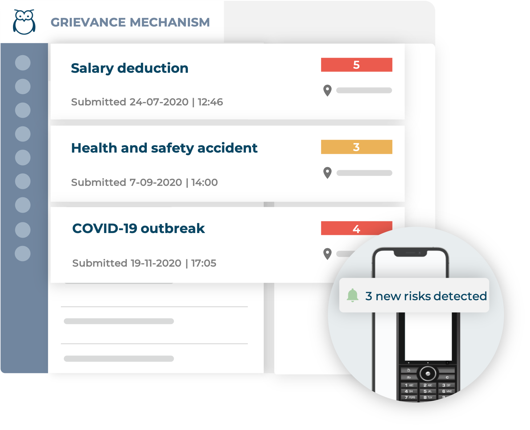 Ulula's grievance mechanism displaying a list of submitted grievances of varying risk levels and mobile phones showing a notification