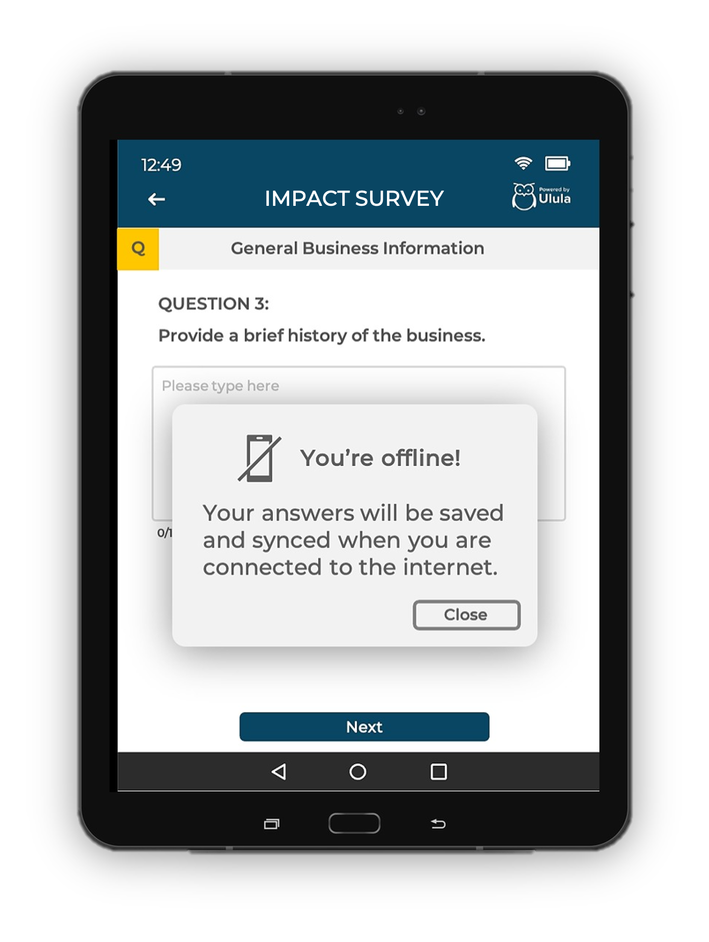 Android tablet showing a survey question from Ulula's Owlyfield app with a pop-up message notifying that the user is offline