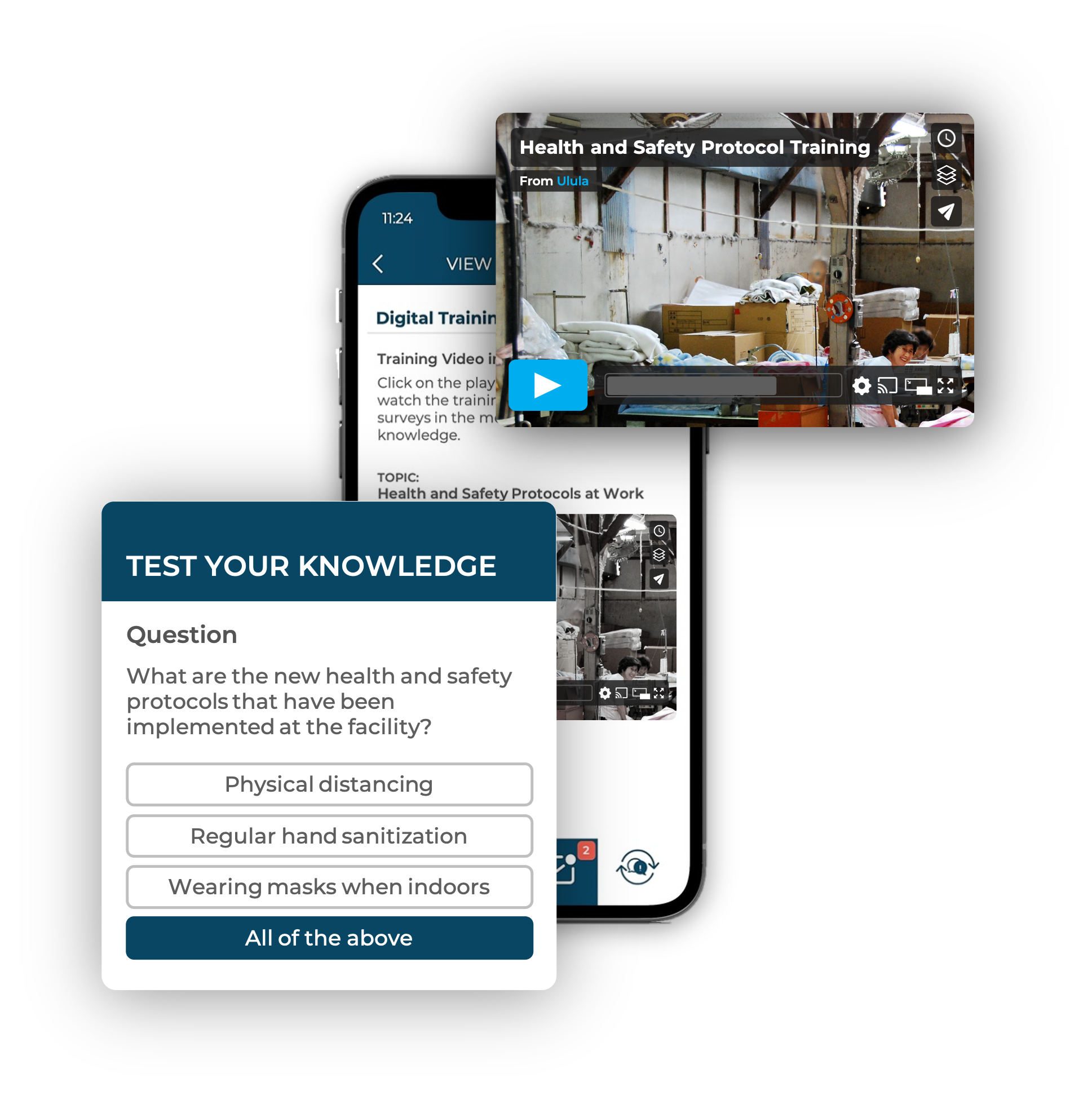 Smartphone showing training video screenshot and a sample survey question on Ulula's OWL app