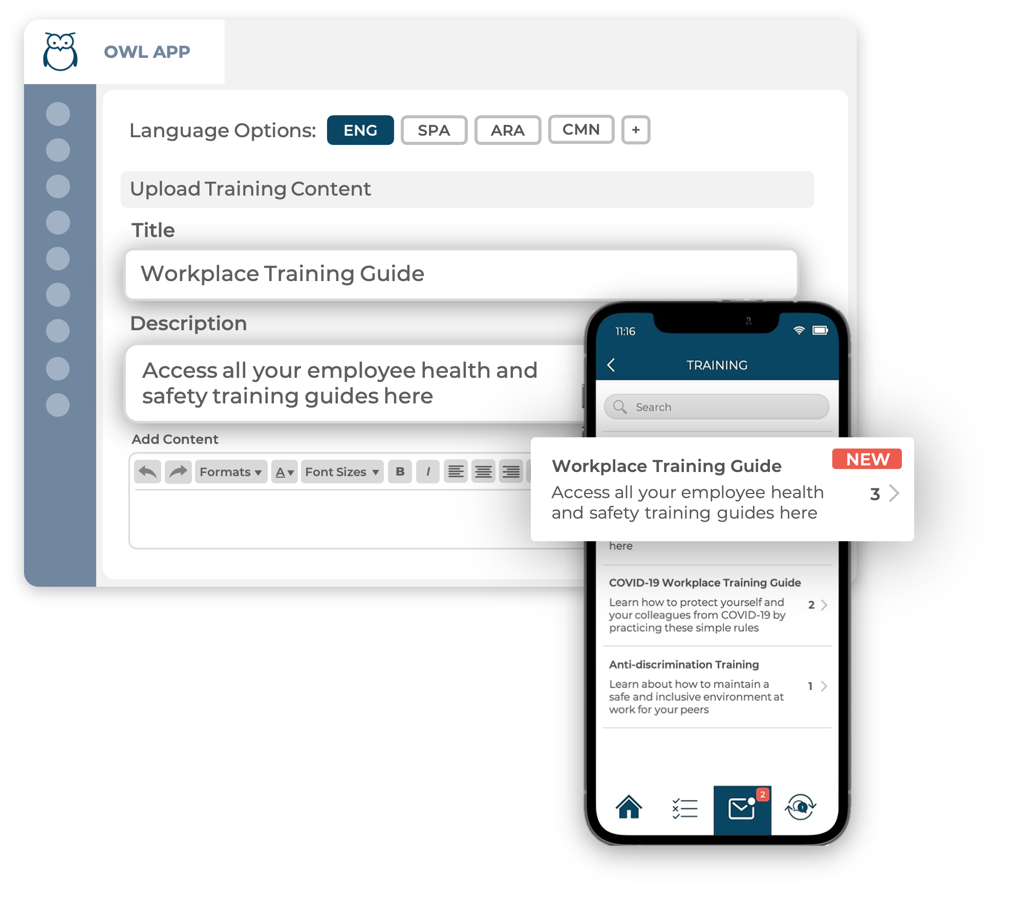 Ulula platform backend training content input screen (background) and smartphone showing training modules on the Ulula OWL app (foreground)