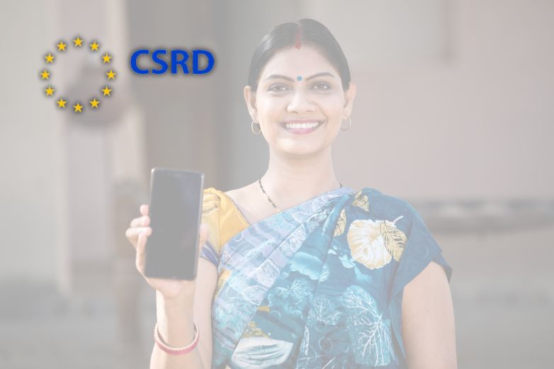 Woman holding up phone with CSRD Logo